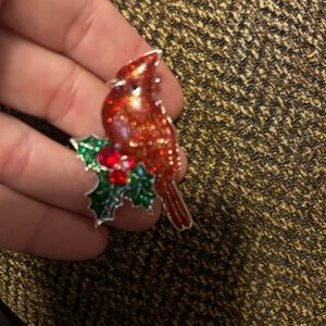Red Cardinal Brooch with Holly Leaves